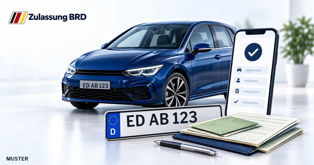 Online Fahrzeugzulassung in Erding: Musterkennzeichen ED AB 123, Auto und Fahrzeugpapiere und Smartphone. Illustration mit Logo von Zulassung BRD.
